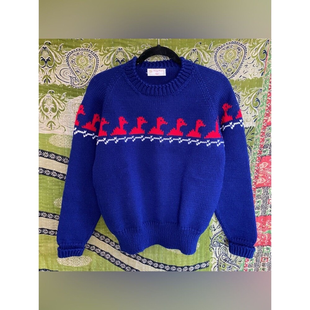Hand Made by Carol Blue/ Red 100% Wool Duck Knit Sweater Size Small Teachercore